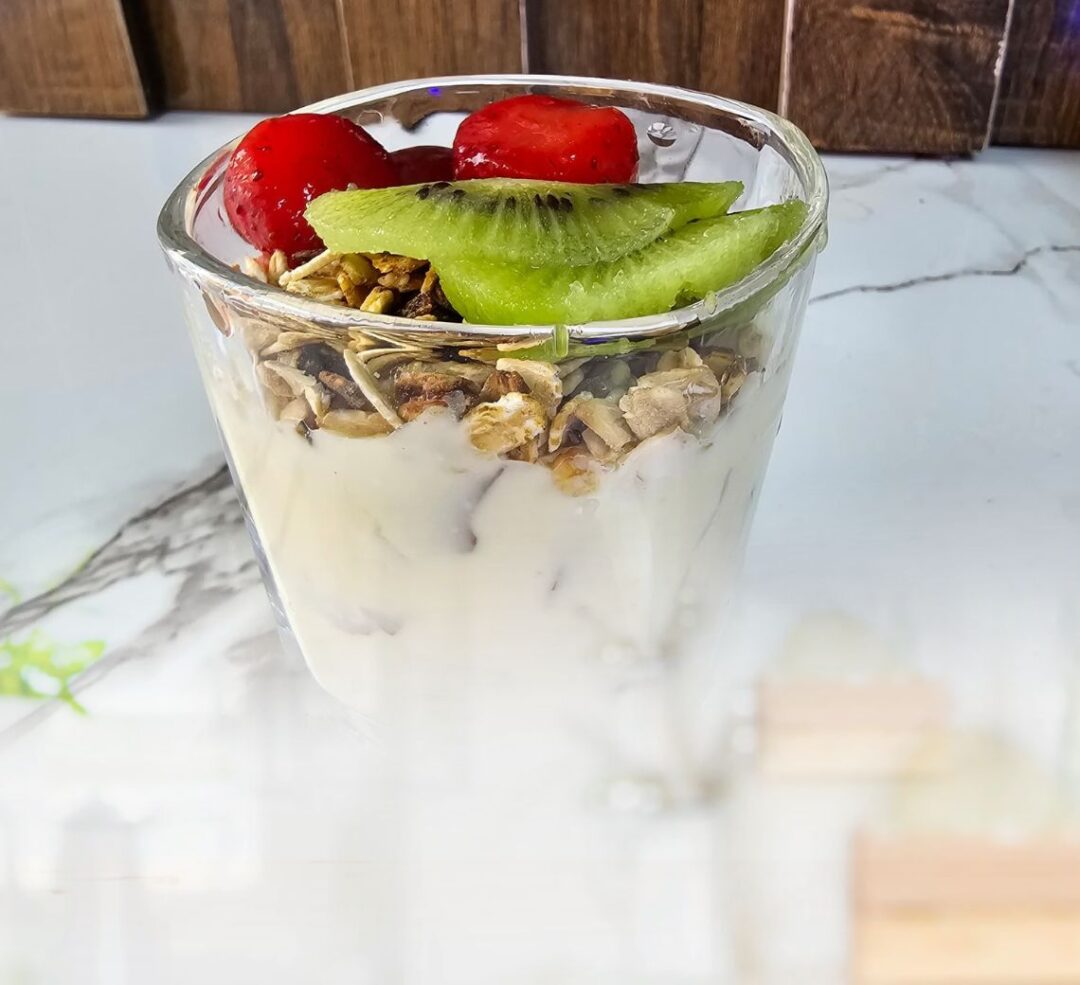 parfait from Ujayzfood with yogurt, granola, and fruits