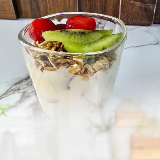 parfait from Ujayzfood with yogurt, granola, and fruits